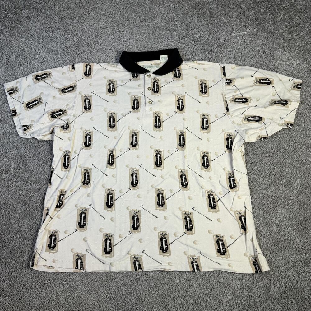 Crossings Polo Shirt Mens XLT White Golf Graphic Print Contrasting Trim Cotton